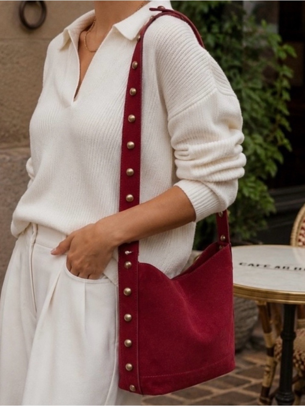 NWT | Genuine Leather Raspberry Suede Studded Shoulder Hobo Bag